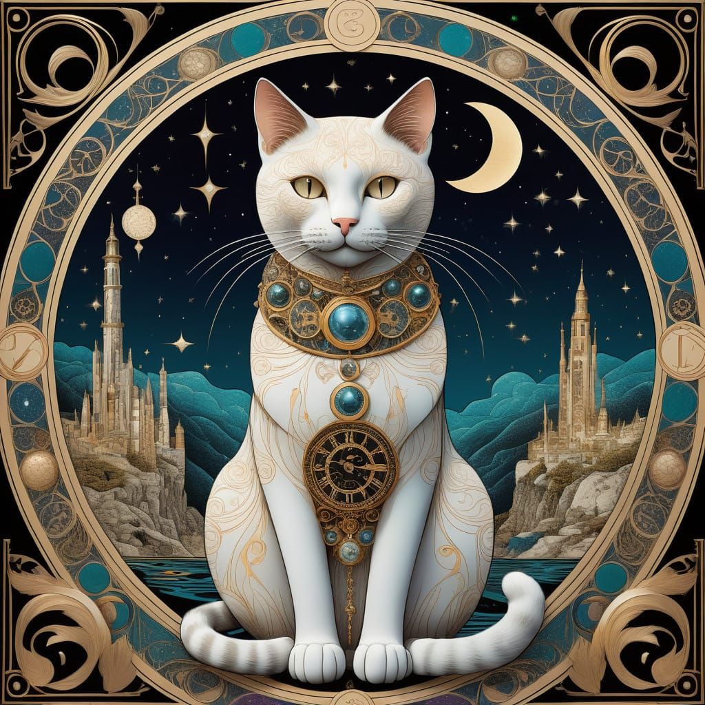Mystical Cat on Vintage Tarot Card in Celestial Night Sky