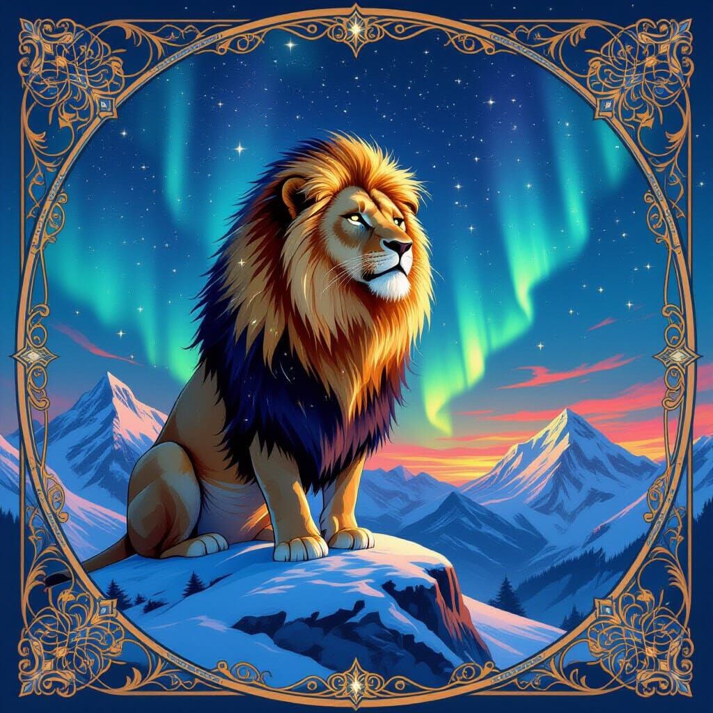 Starlight Lion on Snowy Mountain in Cosmic Art Nouveau Style