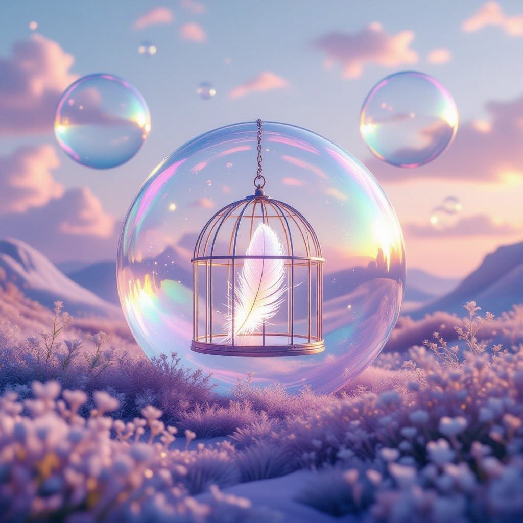 Dreamlike Landscape of Iridescent Bubbles and Moonlight Cage