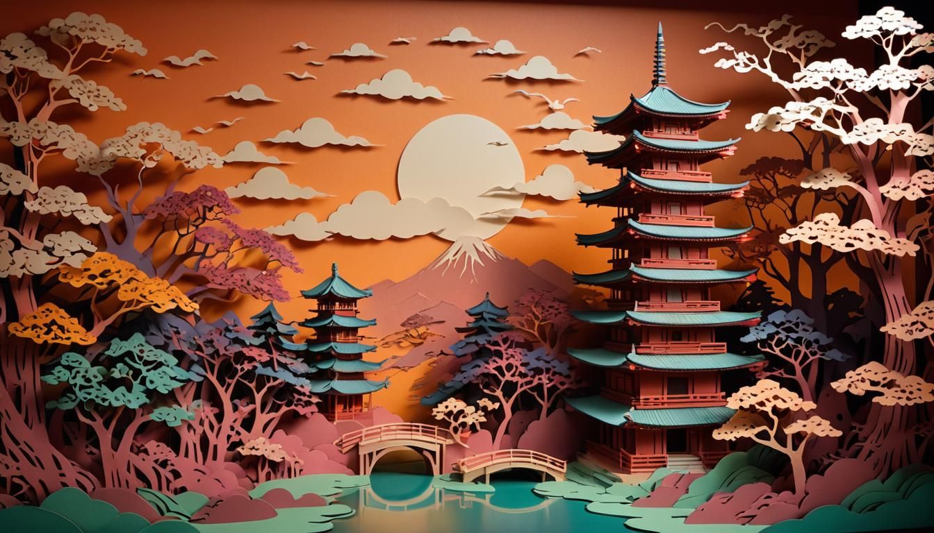 Japanese Pagoda Landscape in Detailed Kirigami Style