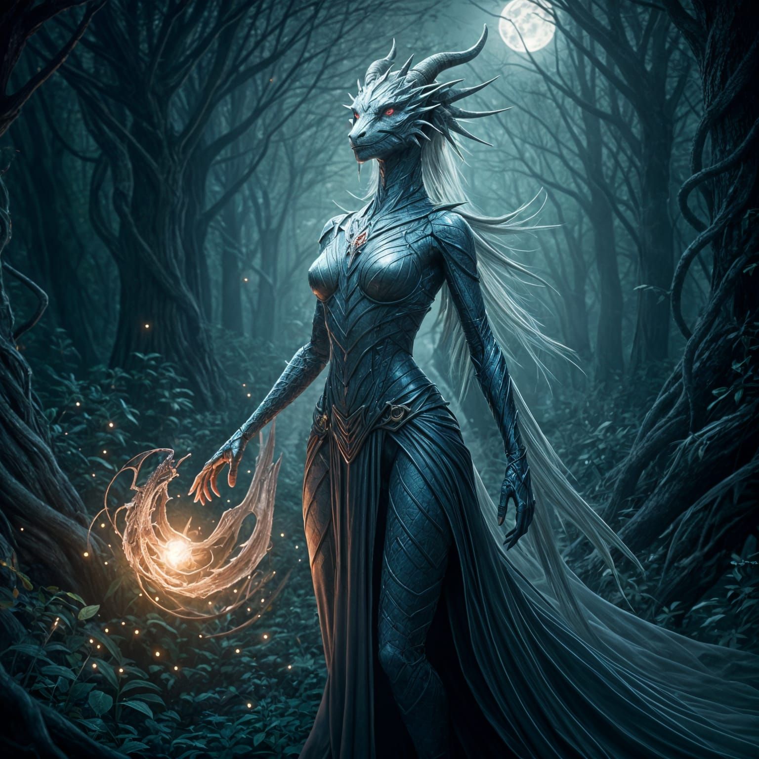 Dragon Wizard in Forest at Night