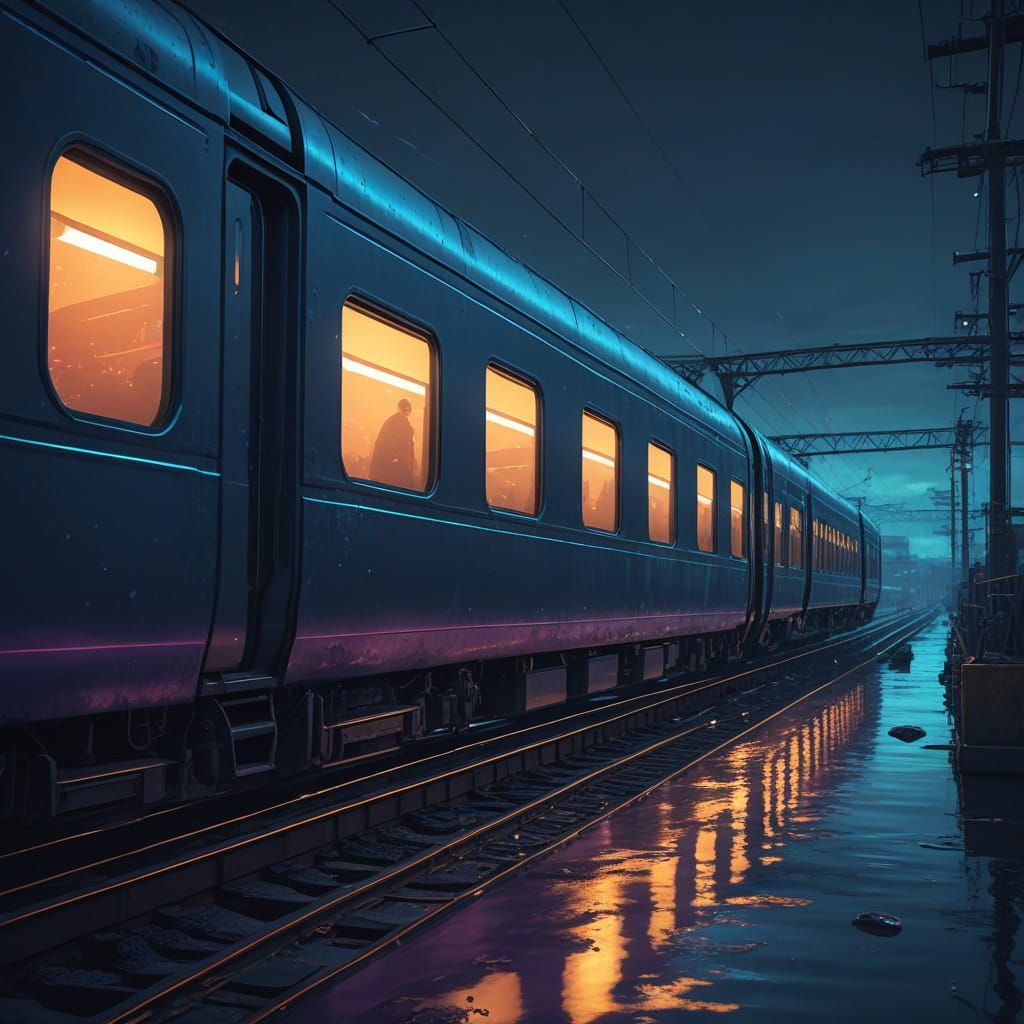 Sleek Metallic Train Illuminates Ocean Depths in Cyberpunk S...