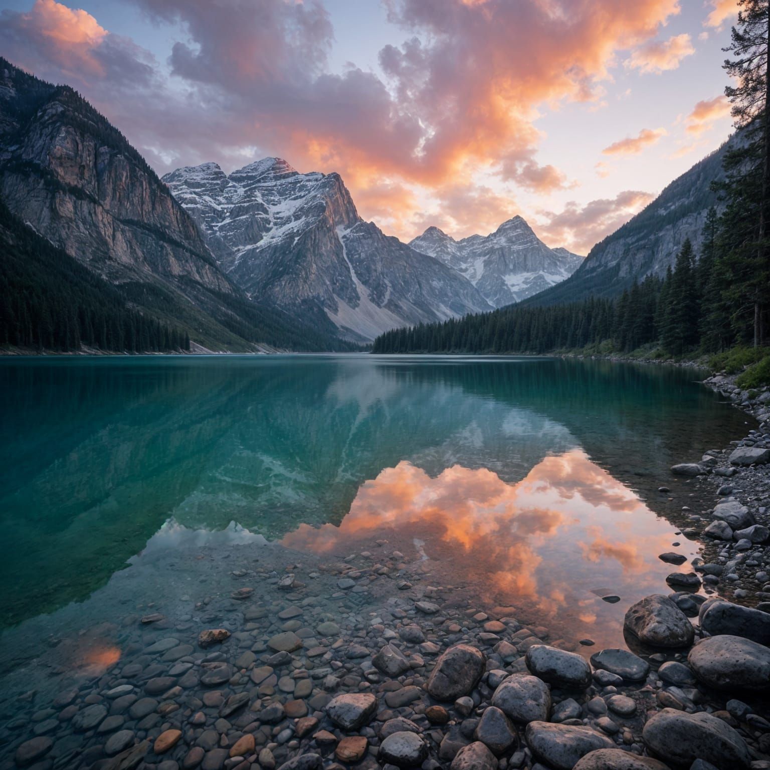 Snow-Capped Mountains and Lake at Sunset