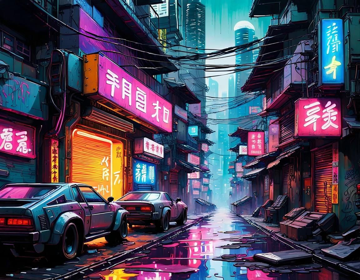 Cyberpunk Hong Kong Street with Neon Graffiti
