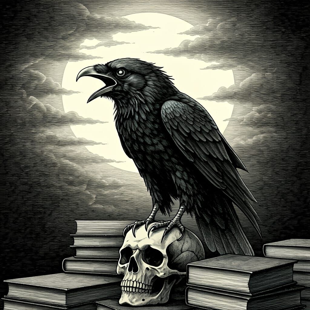 Raven on Skull in Gothic Pen and Ink