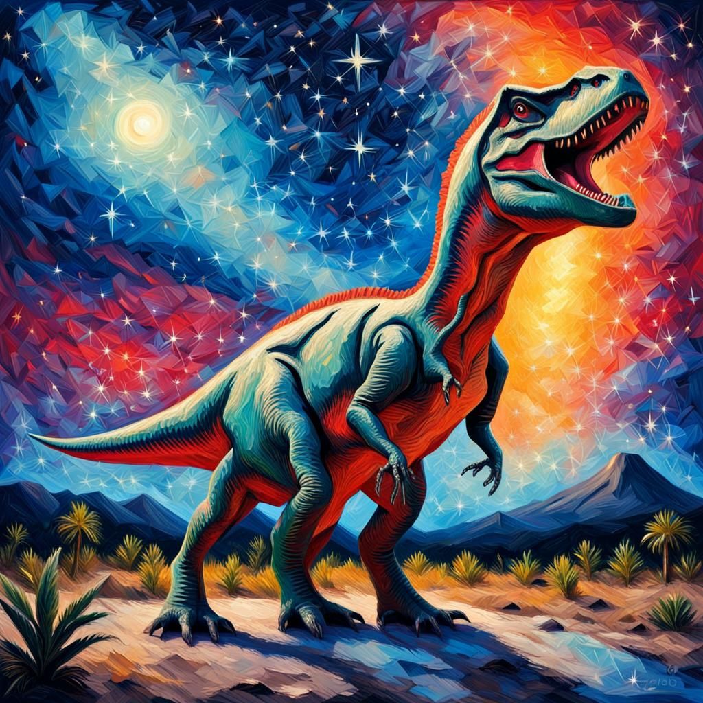 Theropod Dinosaur Under Starry Sky, Impasto Oil Painting