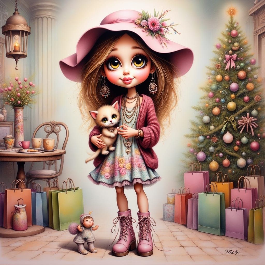 Young Girl with Kitten in Festive Living Room