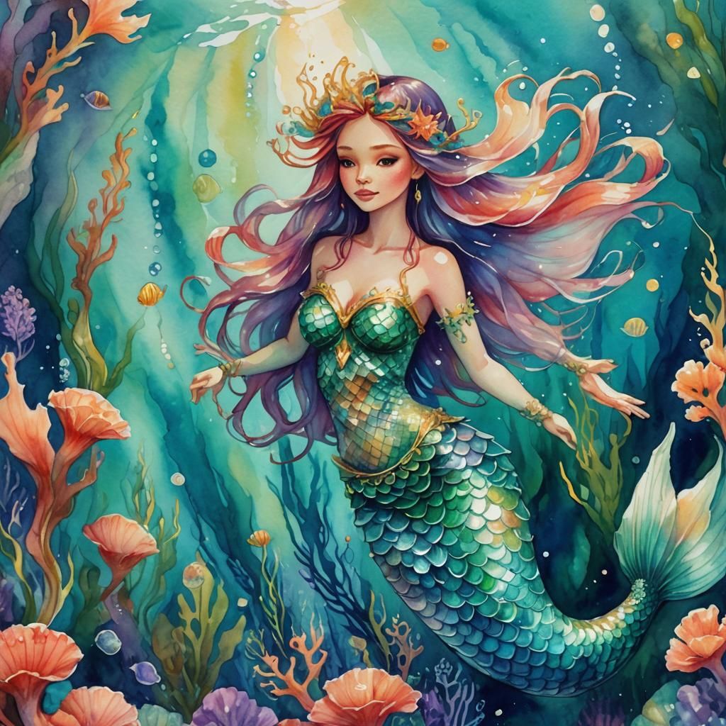 Underwater Mermaid Fairy in Watercolor Style