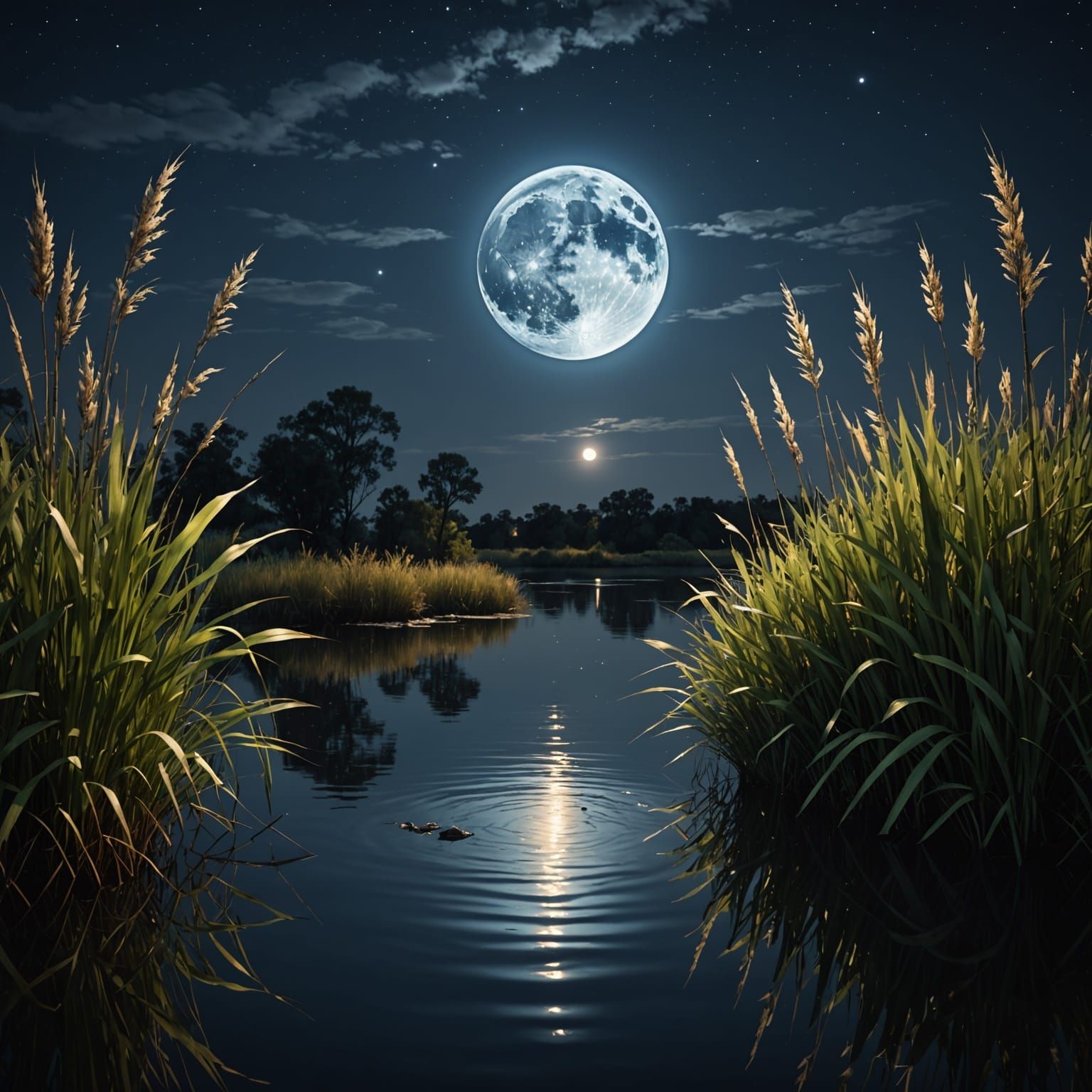 Serenity by Moonlight: Tranquil Nighttime Scene with Reflect...