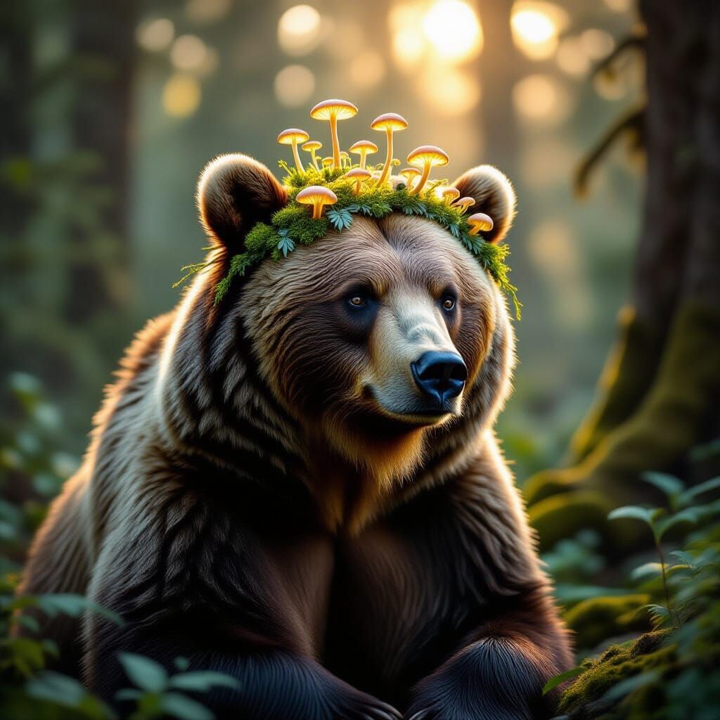 Majestic Grizzly Bear with Bioluminescent Fungi Headpiece