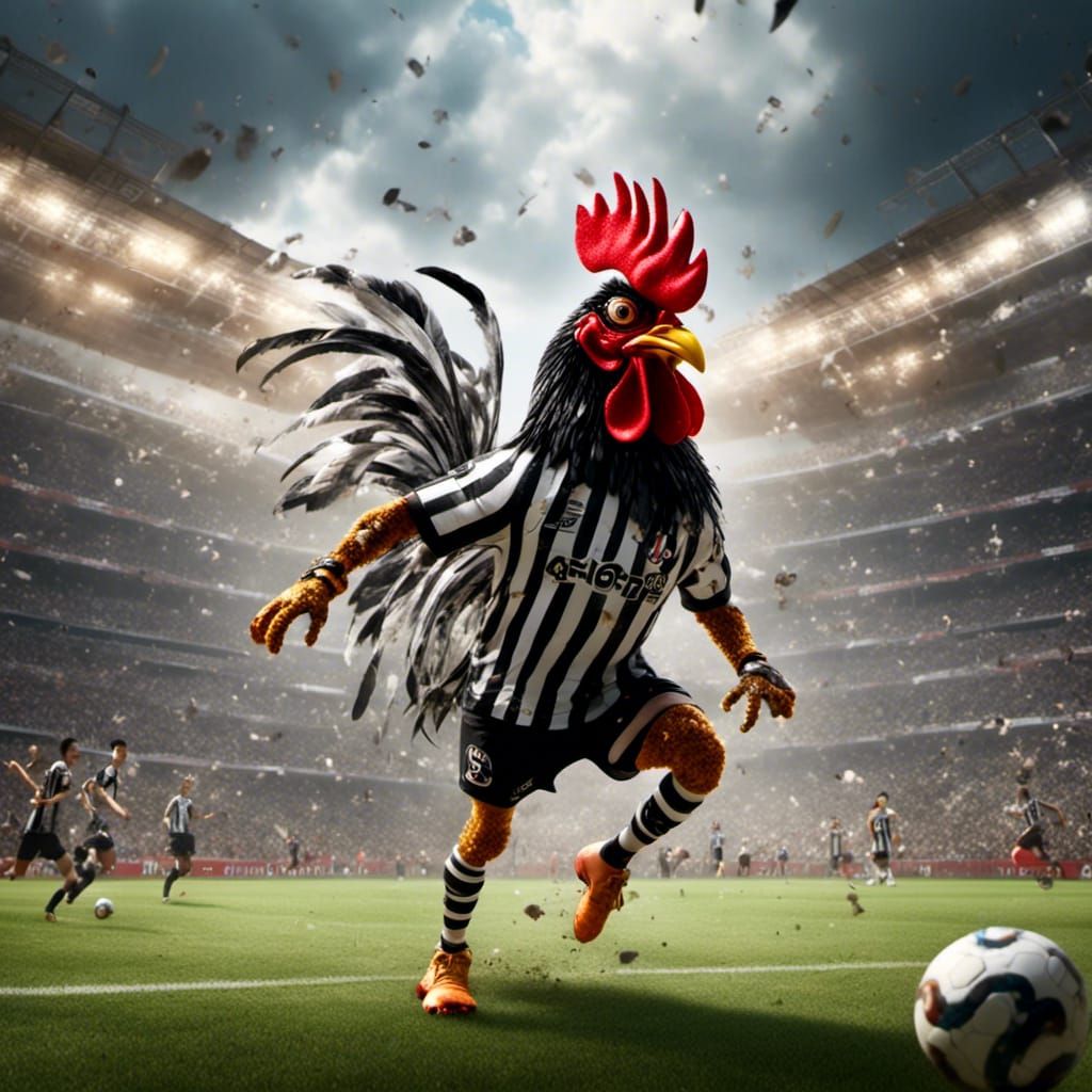 Rooster Mascot Running in Soccer Stadium, Digital Art