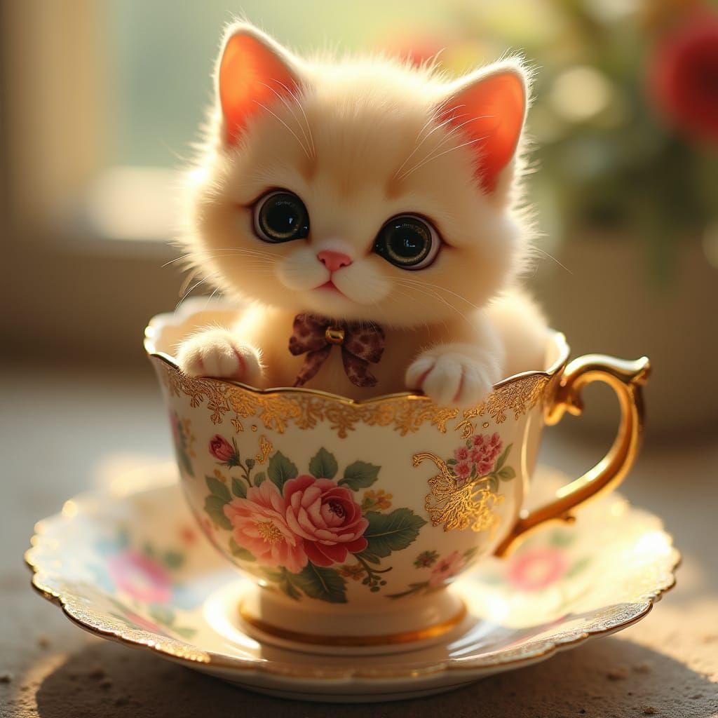 Whimsical Floral Teacup Kitten in a Dreamy Digital Painting