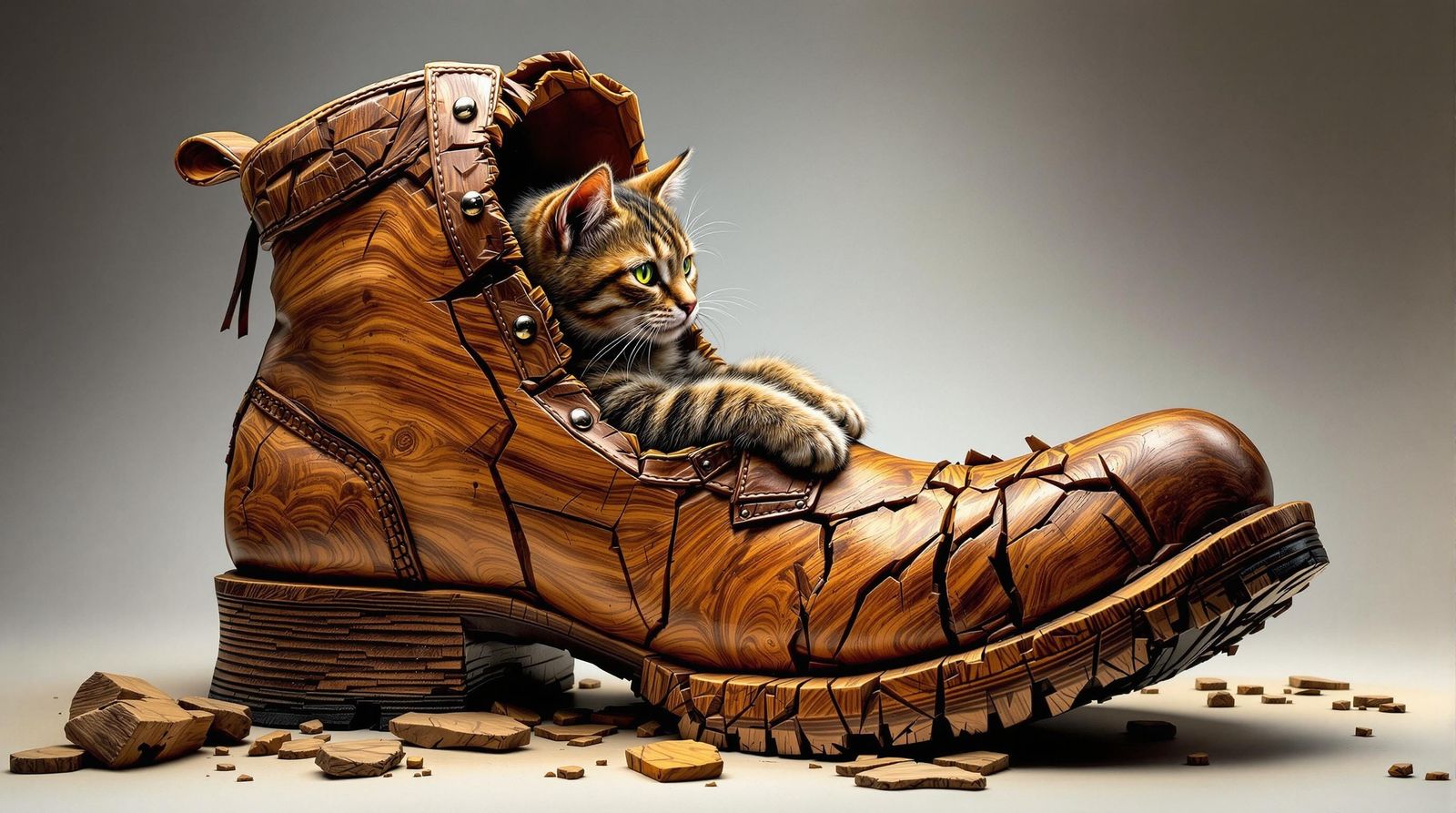 Hyperrealistic Wood Carving: Cat in Busted Boot