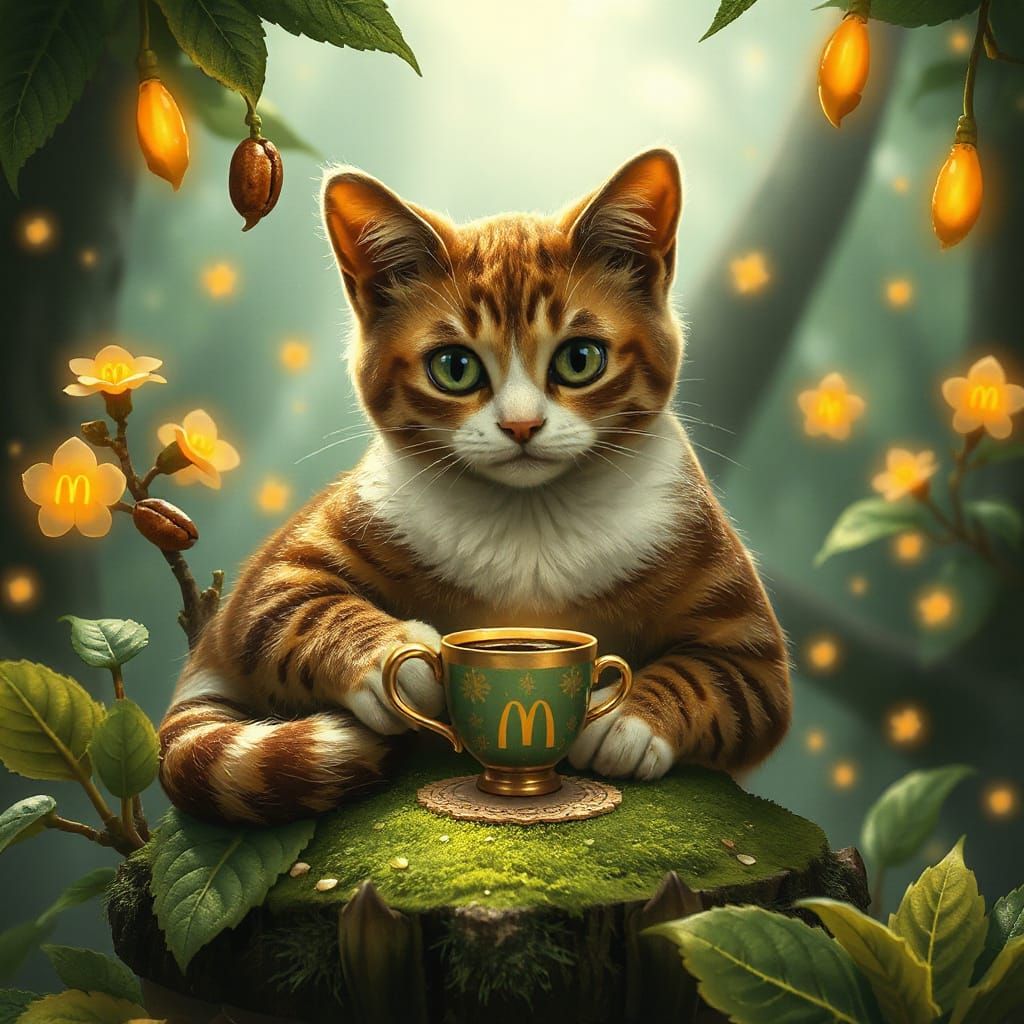 Mystical Cat on Altar with Enchanted Coffee Plants