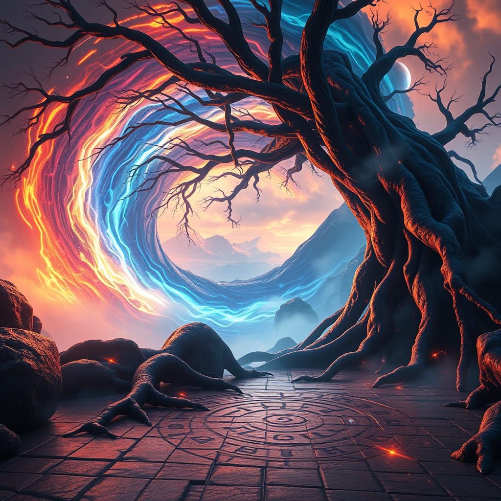 Intricate High-Fantasy Scene with Iridescent Colors and Anci...