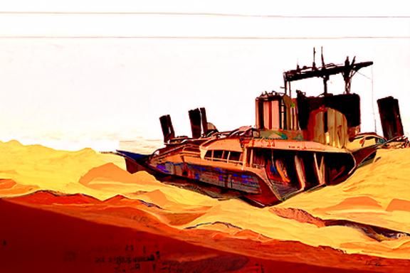 Post-Apocalyptic Ship in Art Deco Sunset