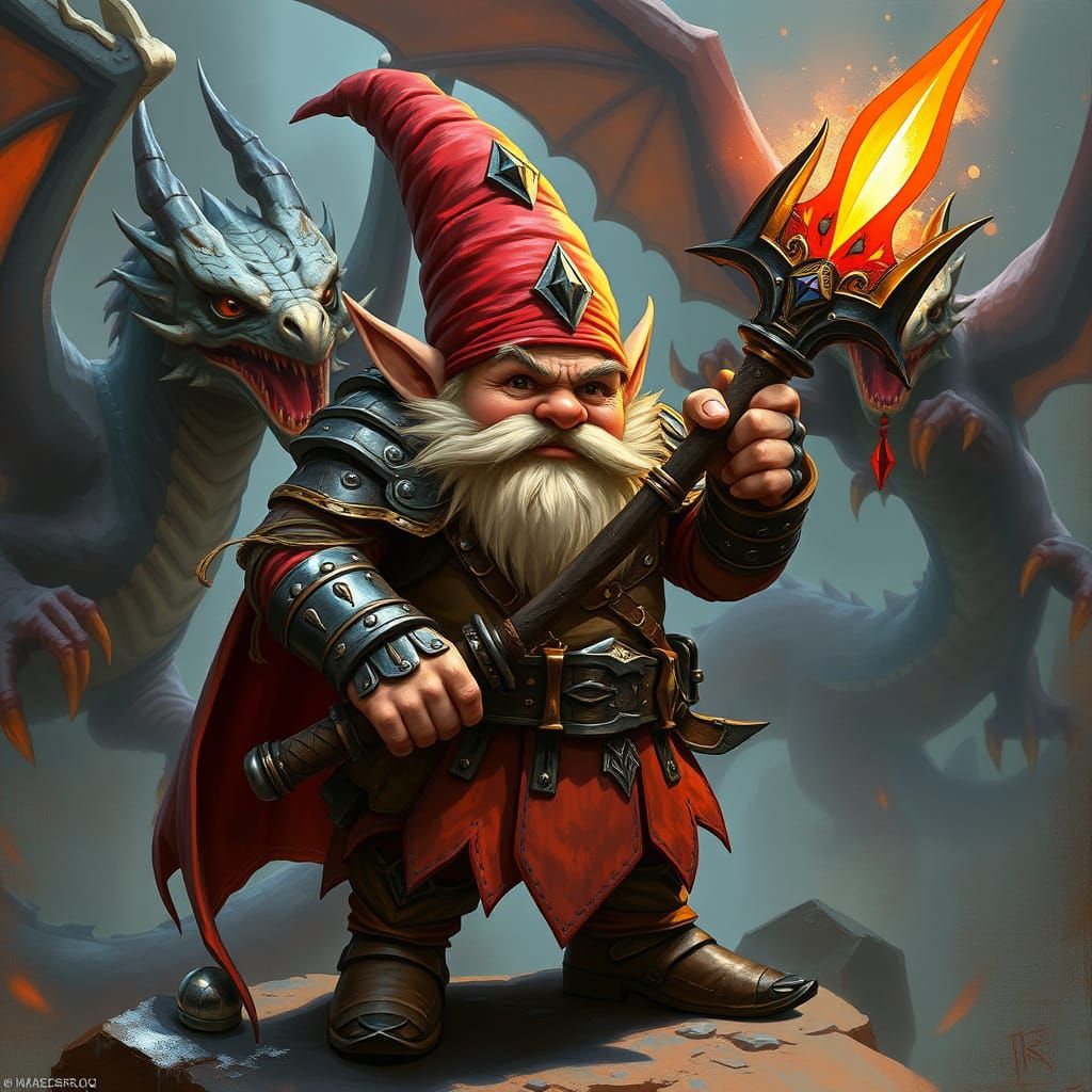 Gnome Warrior Surrounded by Dragons in Fantasy Realm