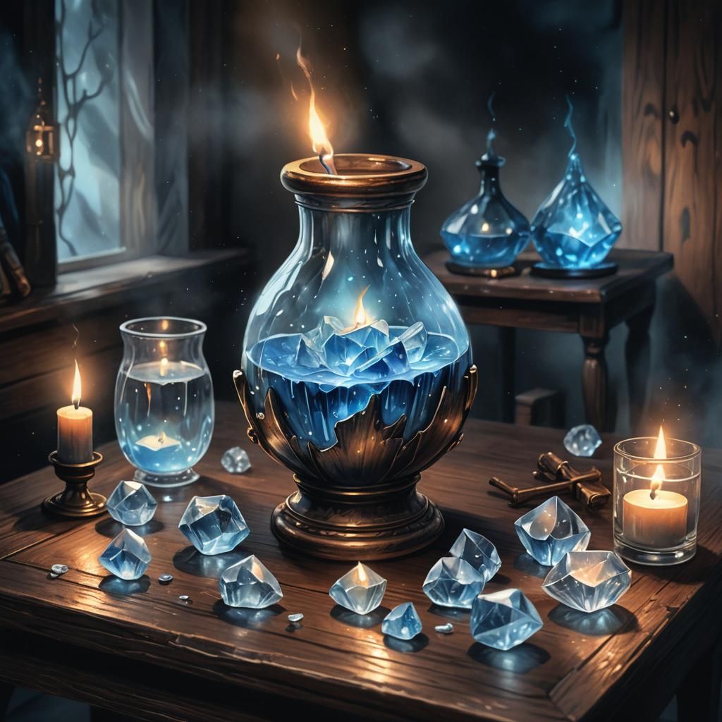 Mystical Crystal Potion on Wooden Desk