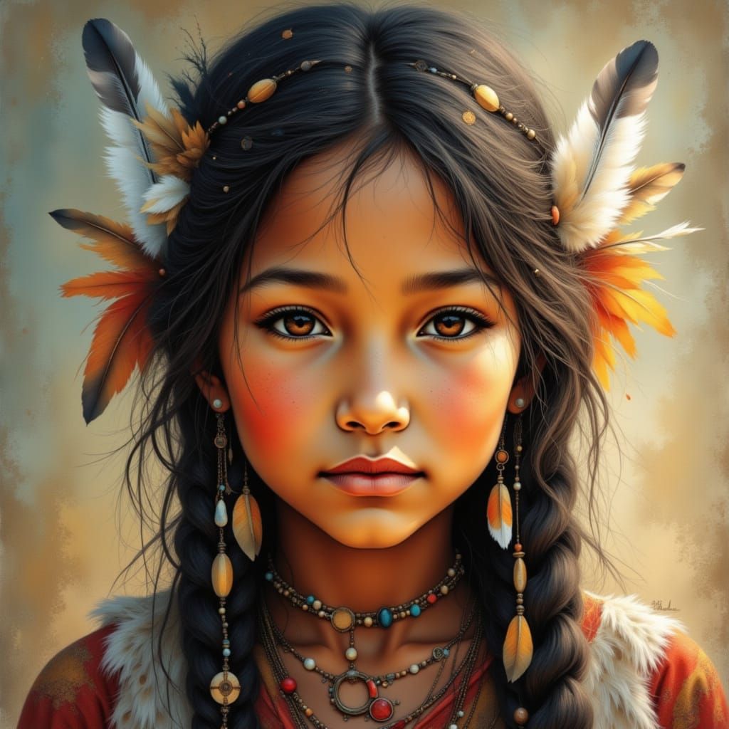 <lora:Expressive Portrait:1.0> <lora:Extraordinary Detail:1.0> <lora:Archetypal Images:1.0> Portrait of a young native g...