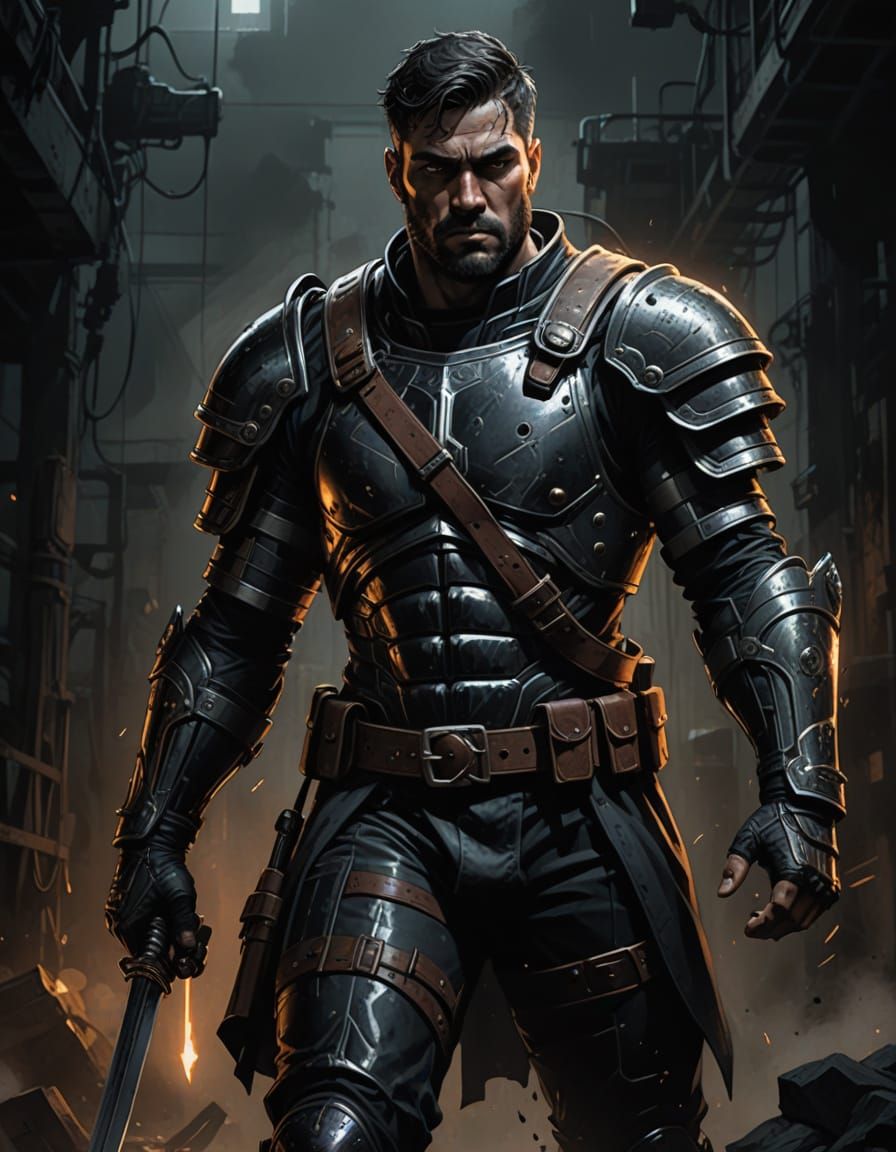 Gritty Comic Book Art of Grimy Gladiator in Industrial Arena