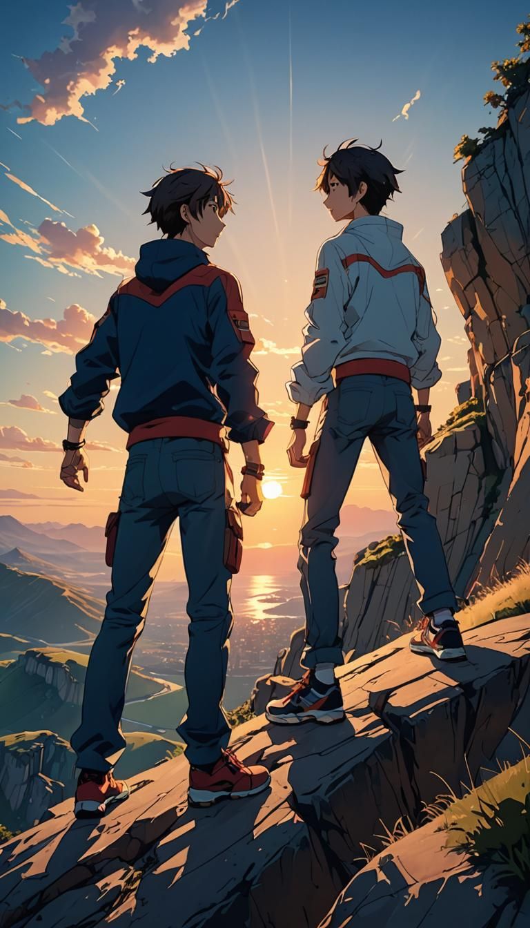 Anime Friends on Cliff at Sunset in Cel-Shaded Style