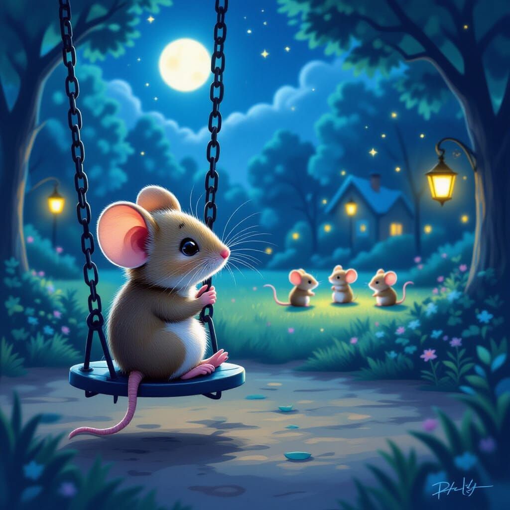 Mouse on a Swing in Moonlit Playground