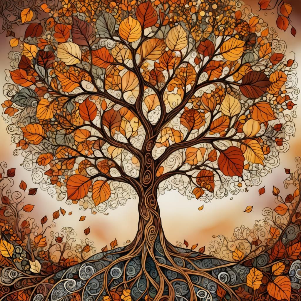 Surrealistic Autumn Tree in Fractal Zentangle Style