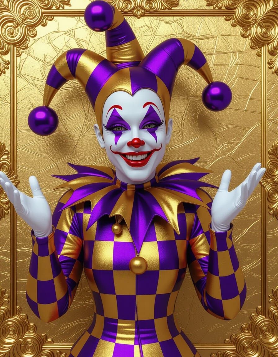 Stylized Jester Juggling Metallic Balls in Gold Room