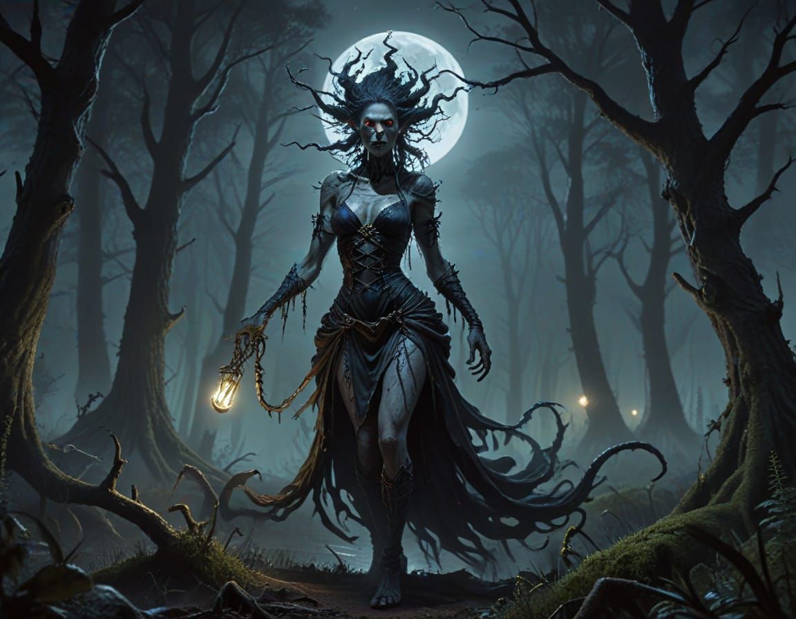 Ethereal Moonlit Hag in a Haunting Forest