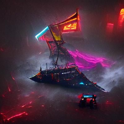 Cyberpunk Pirate Ship on Lava Ocean