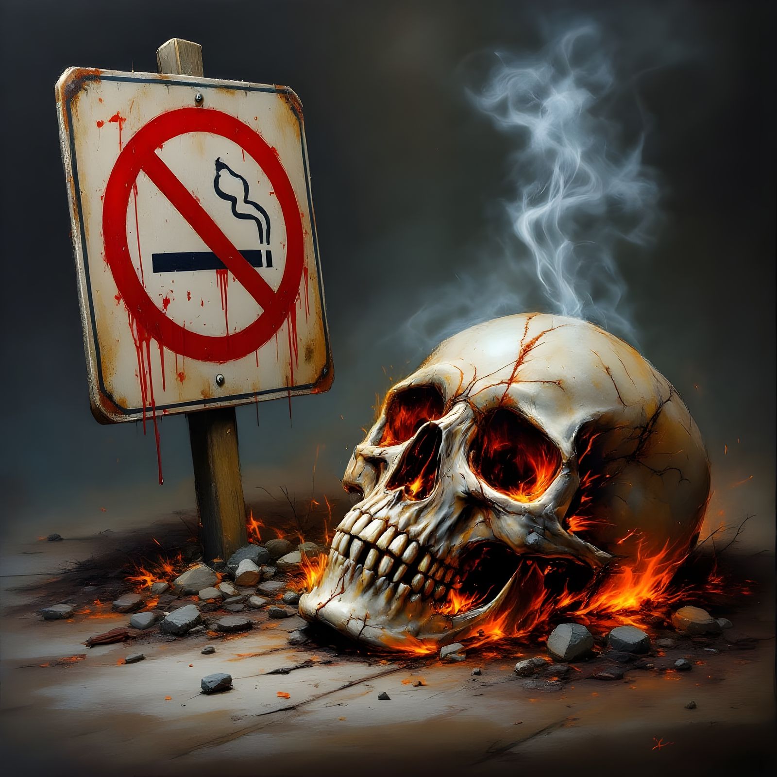 Dark Post Apocalyptic Skull Amidst Smoking Ruins