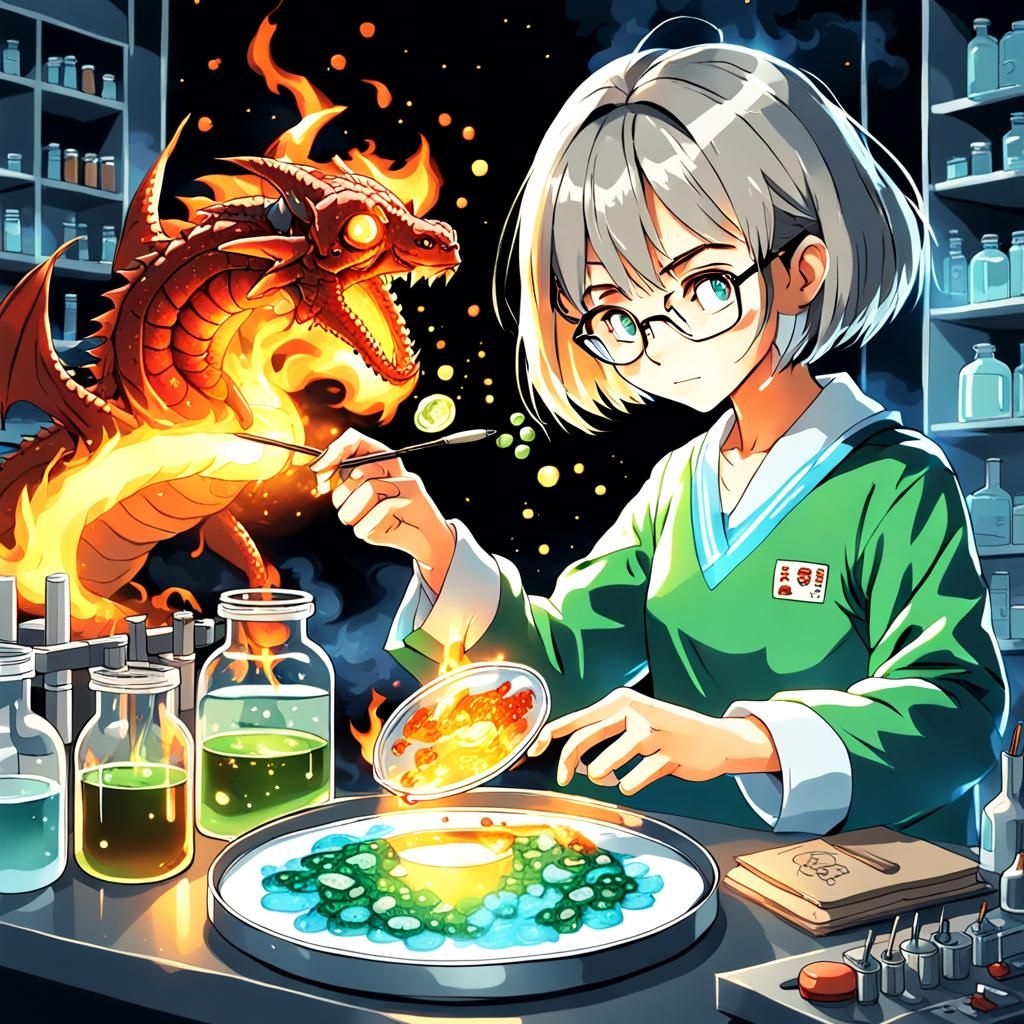 Scientist and Dragon in Anime Style