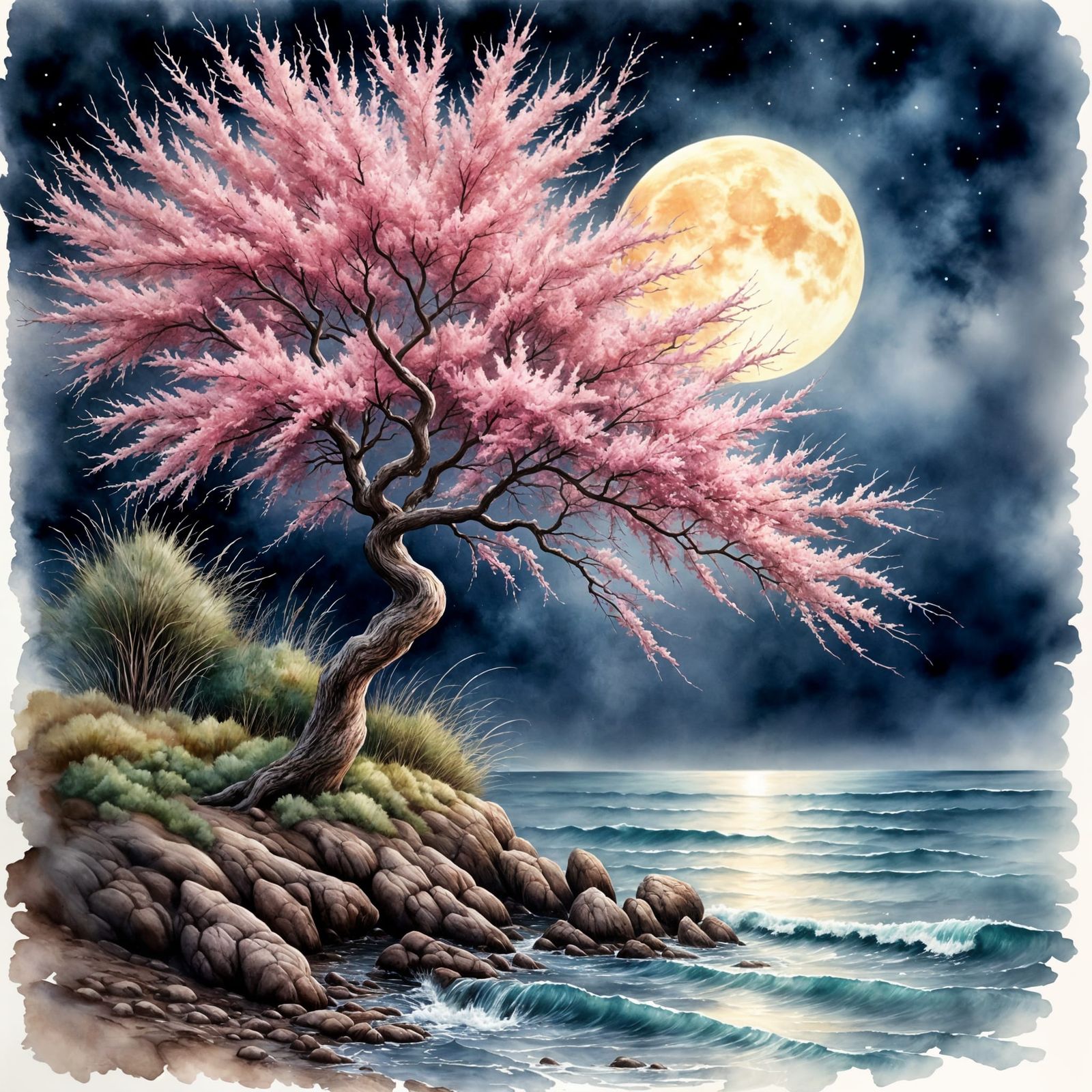 Moonlit Cherry Blossom Landscape in Watercolor Style