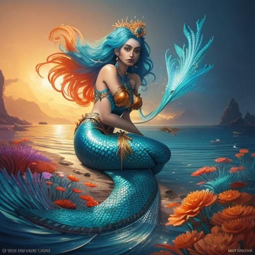 Peacock Mermaid in Deep Blue Sea: Fantasy Art