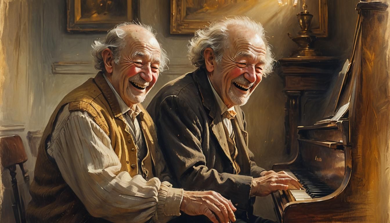 Joyful Old Man Plays Piano: Impressionistic Oil Painting