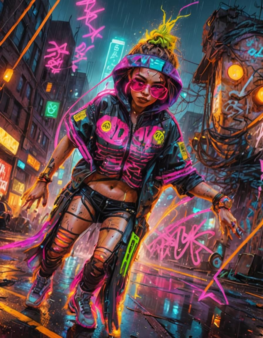 Raver Girl Dances in Post-Apocalyptic Neon Cityscape