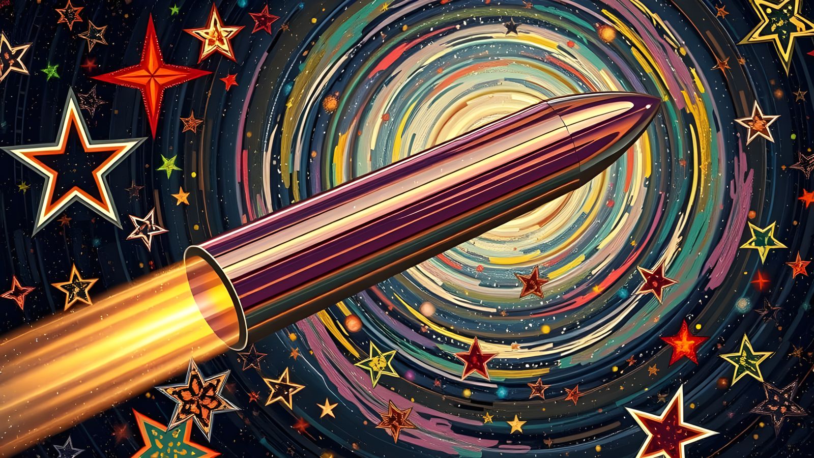 Gold-Blue Spaceship Soaring Through Kandinsky Star Cosmos