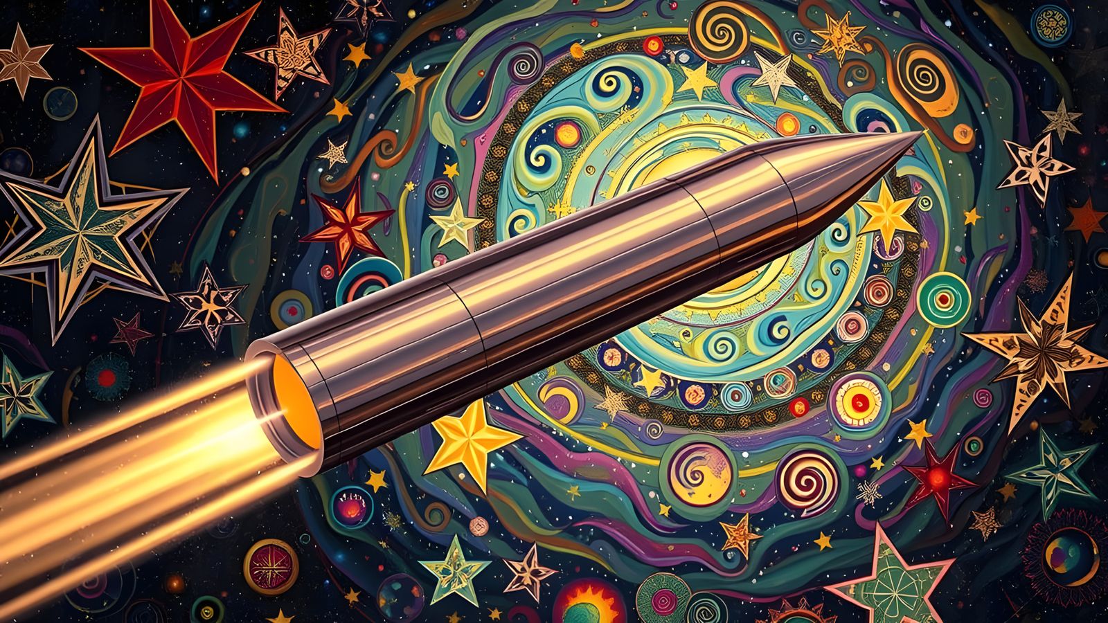 Metal Cylinder Speeds Through Impasto Starry Cosmos