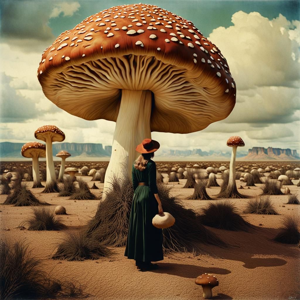 Woman Inspects Giant Mushroom in Surreal Desert