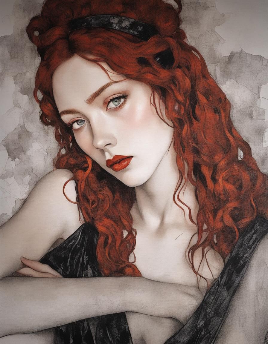 Elegant Goth Girl: Impasto Portrait in High Contrast