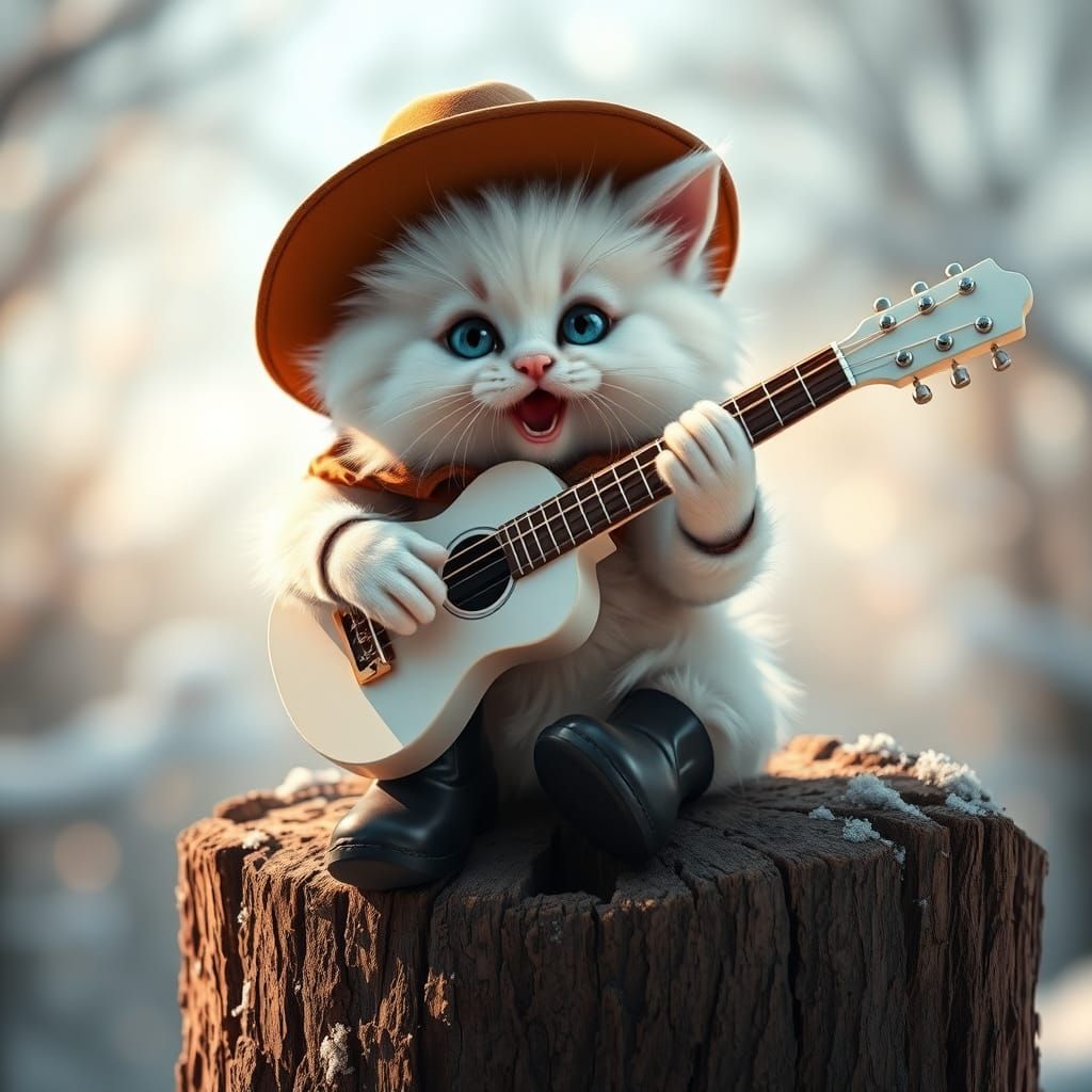 Fluffy Kitten Sings with Guitar in Winter Wonderland