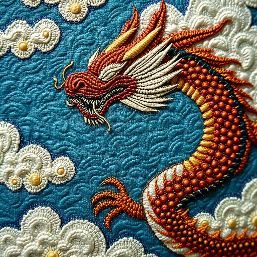 Dragon Embroidered in Naive Pointillist Style