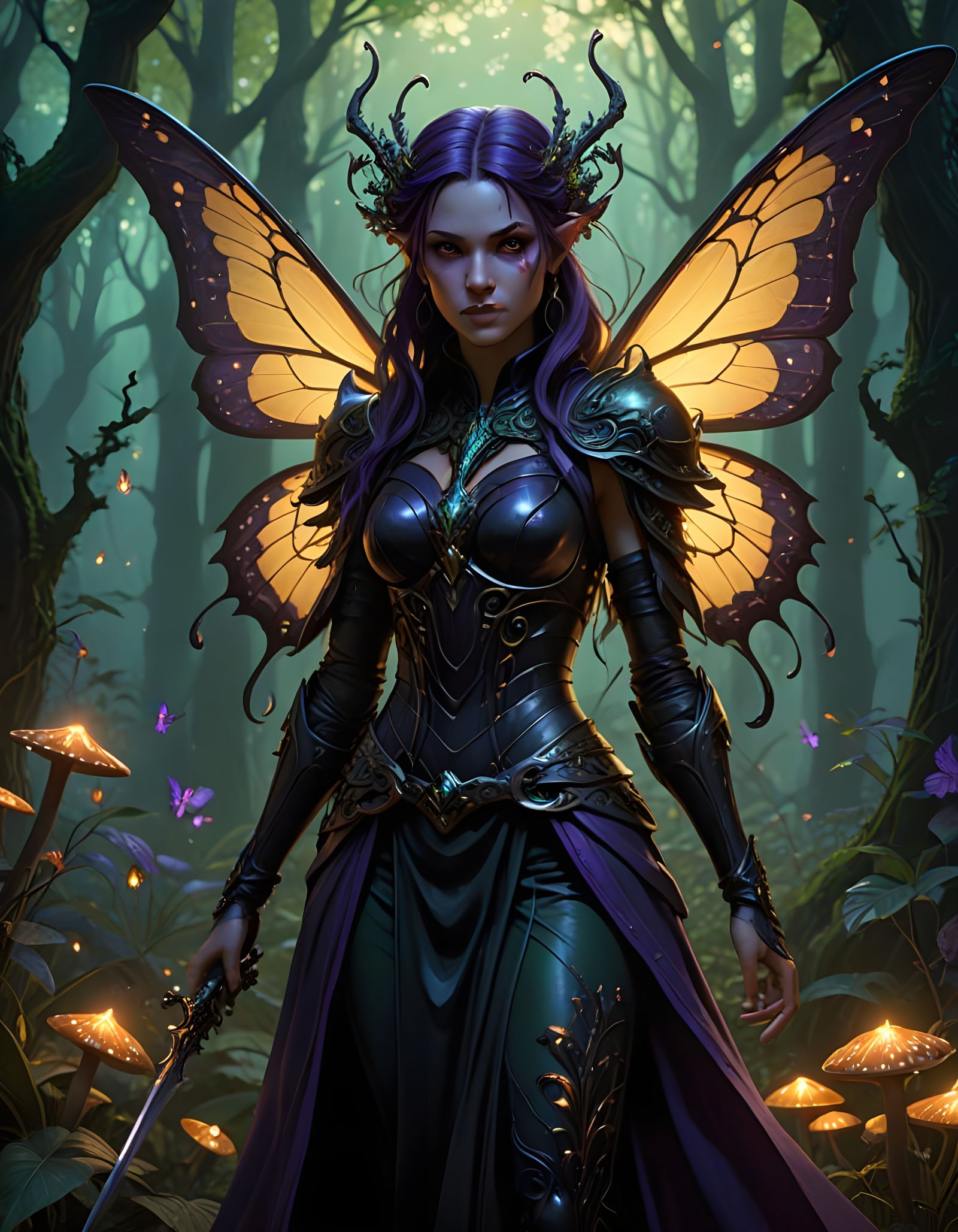 Dark Fairy Assassin with Iridescent Wings in a Mystical Fore...