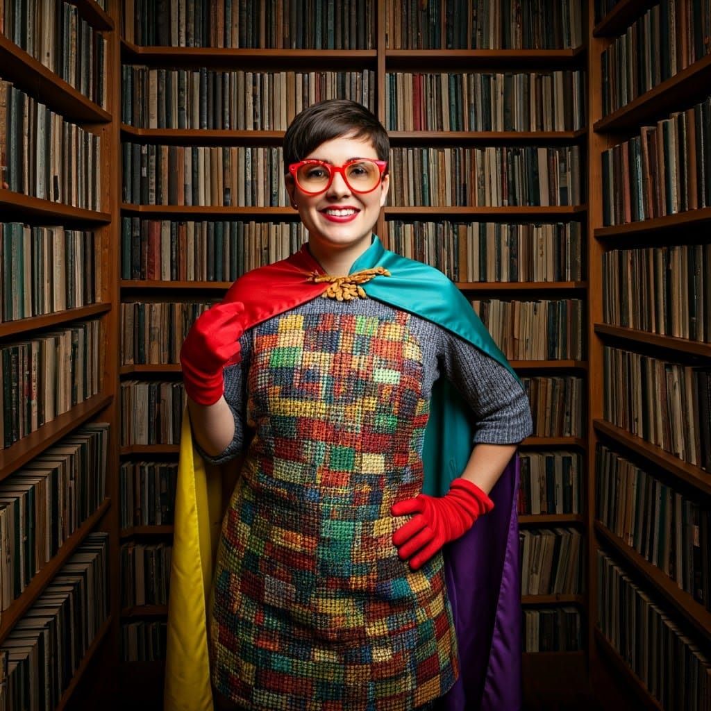 Vibrant Urban Librarian Unfolds in Whimsical Library Setting