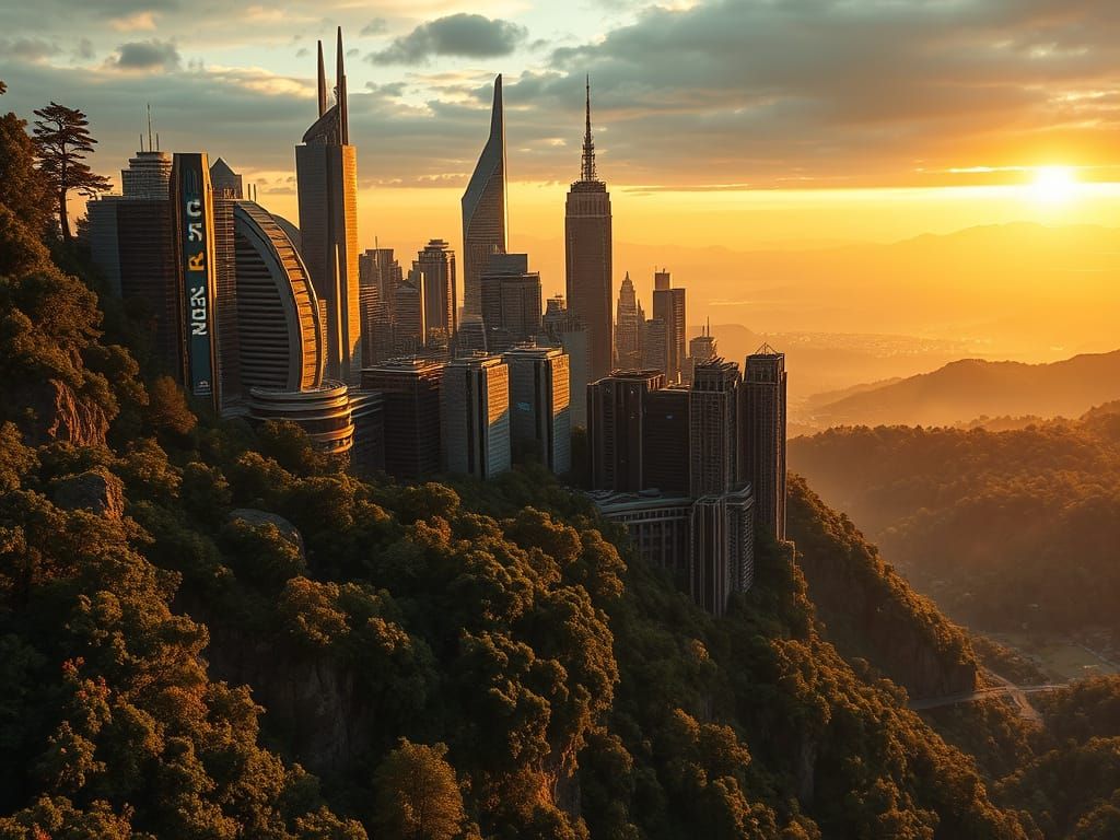 Futuristic Cityscape at Sunset on Cliff's Edge