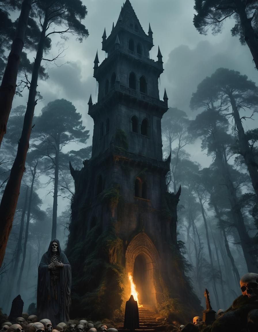 A towering wizard's tower in a dark forest, surrounded by an...