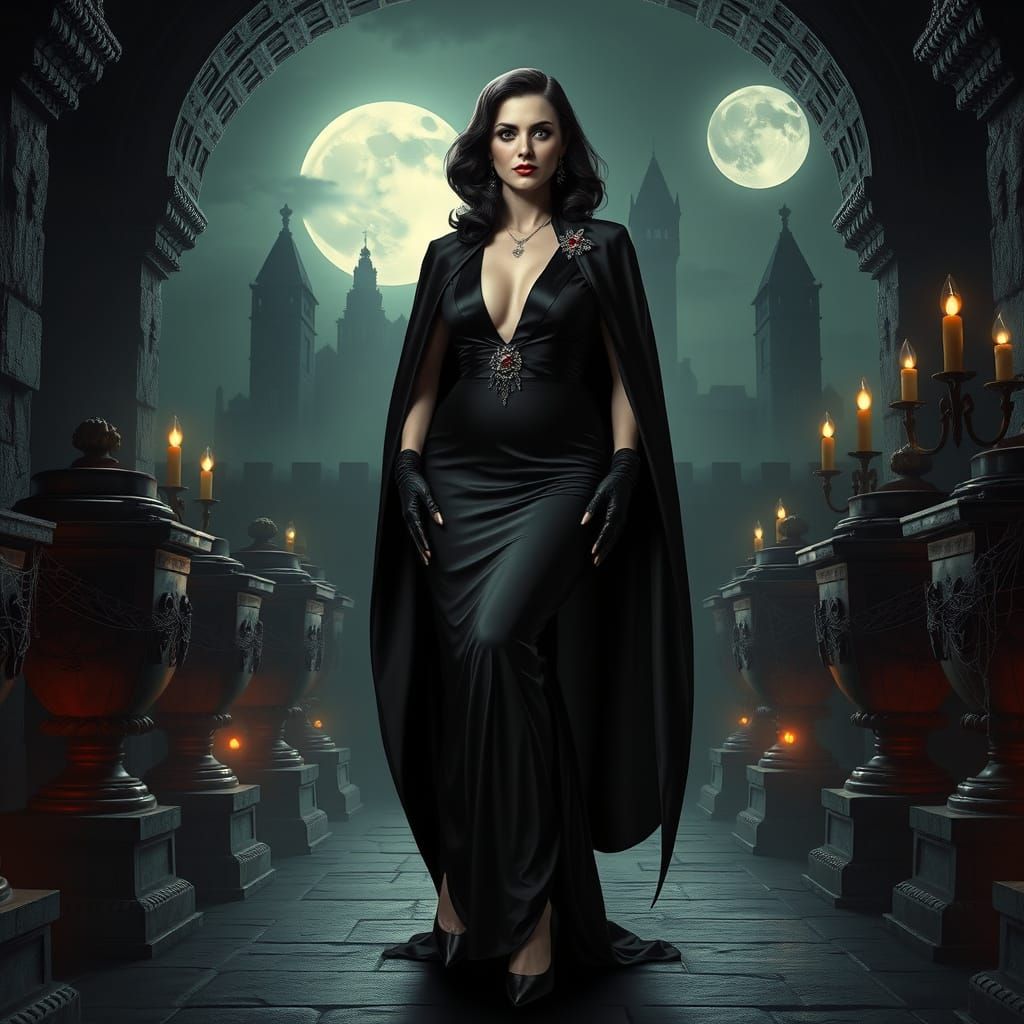 Ethereal Vampire Countess in Gothic Crypt, Transylvanian Cas...