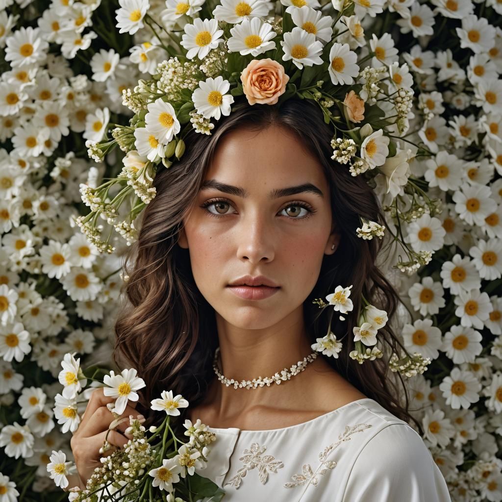Elegant Portrait of Woman in White Dress with Flowers