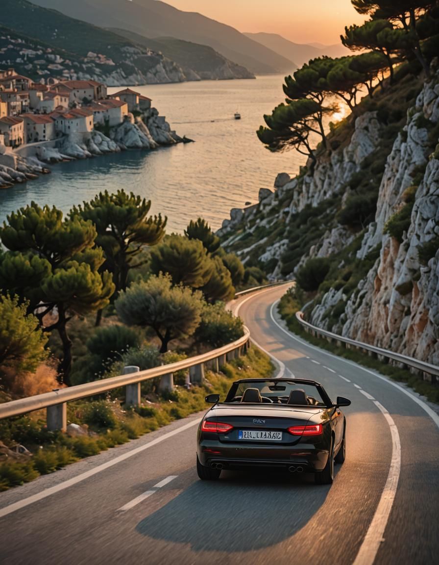 Convertible on Adriatic Coast at Sunset