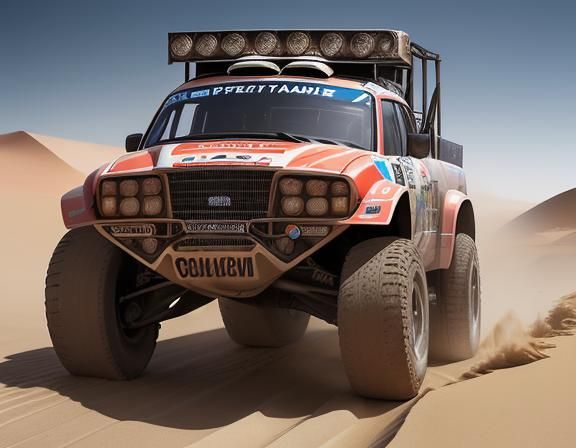 Prais-Dakar Rally Truck in Sahara: Realistic Portrait